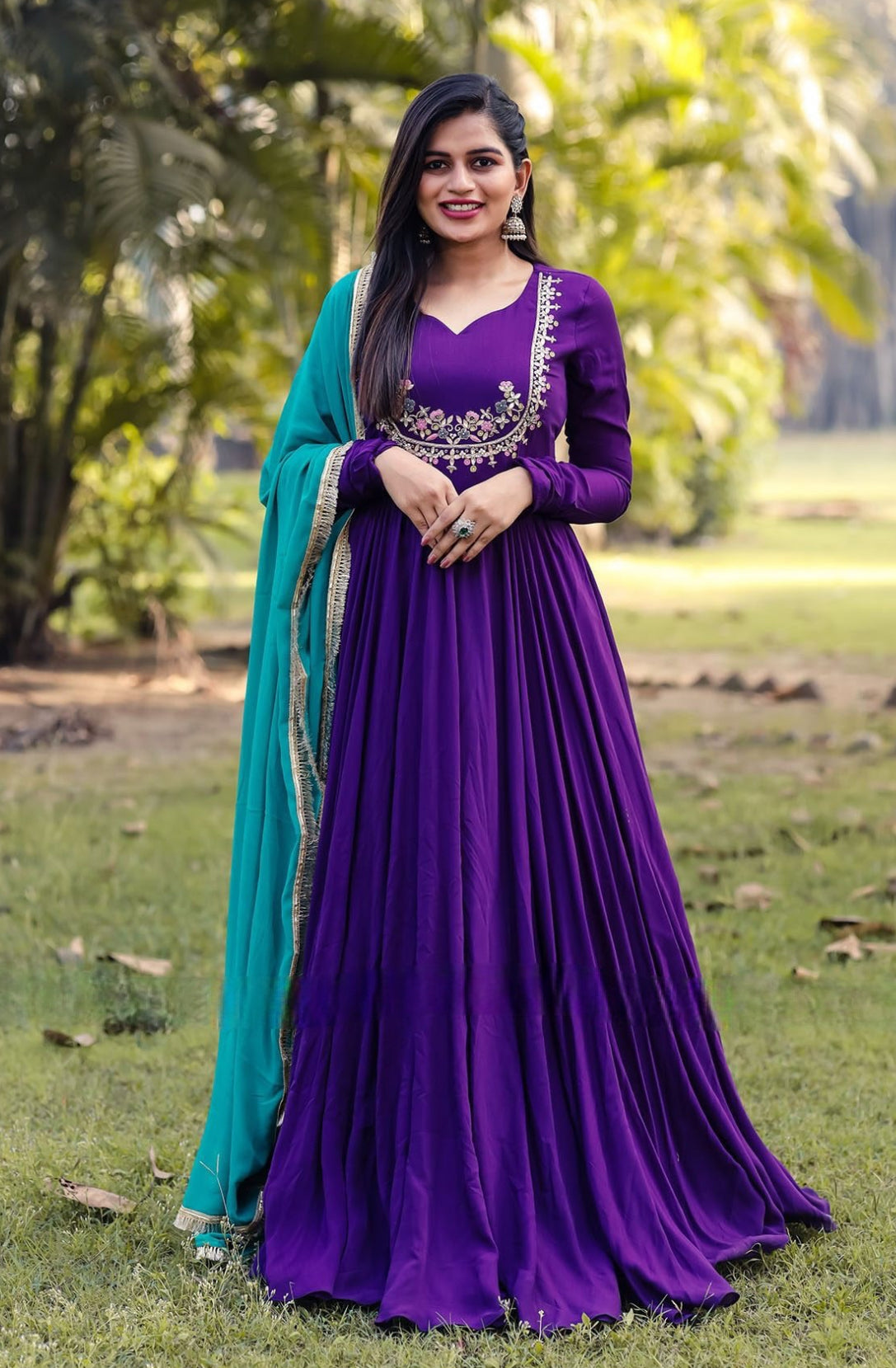 Gorgeous purple Fleur Georgette Dress with full sleeves in Georgette fabric ready to ship. Available Size 40