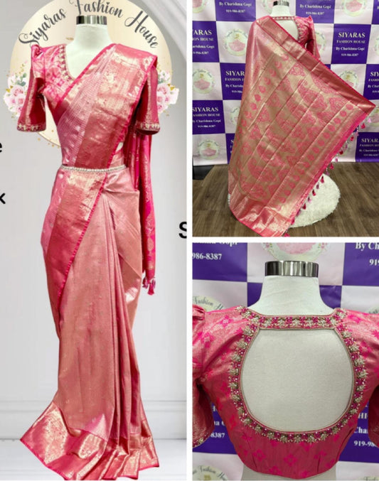 Traditional yet chic style in this kanchi tissue Saree with kanchi border and a stitched Maggam work blouse.
Size 38/40.

Pico and fall done with tassels.
Ready to ship quickly from Nc. 
Buy soon and price changes coming soon.