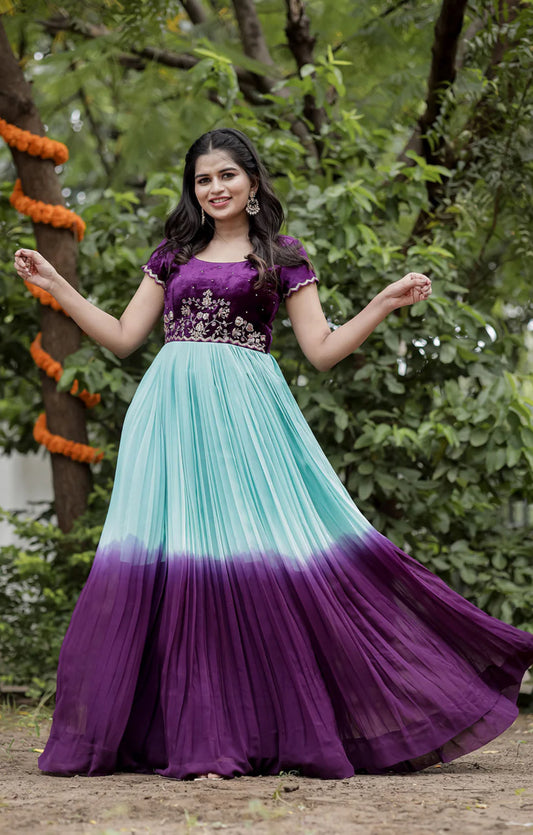 Stunning Anarkali Gown with handwork yoke in velvet and Flowy Dual shade Long gown in Georgette fabric size XXL