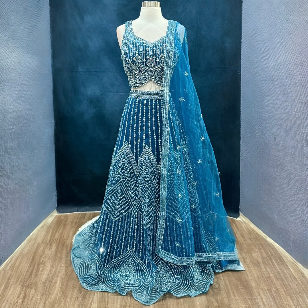 Gorgeous wedding Partywear Lehanga choli in heavy mirror work blue color Available in size 42 ready to ship