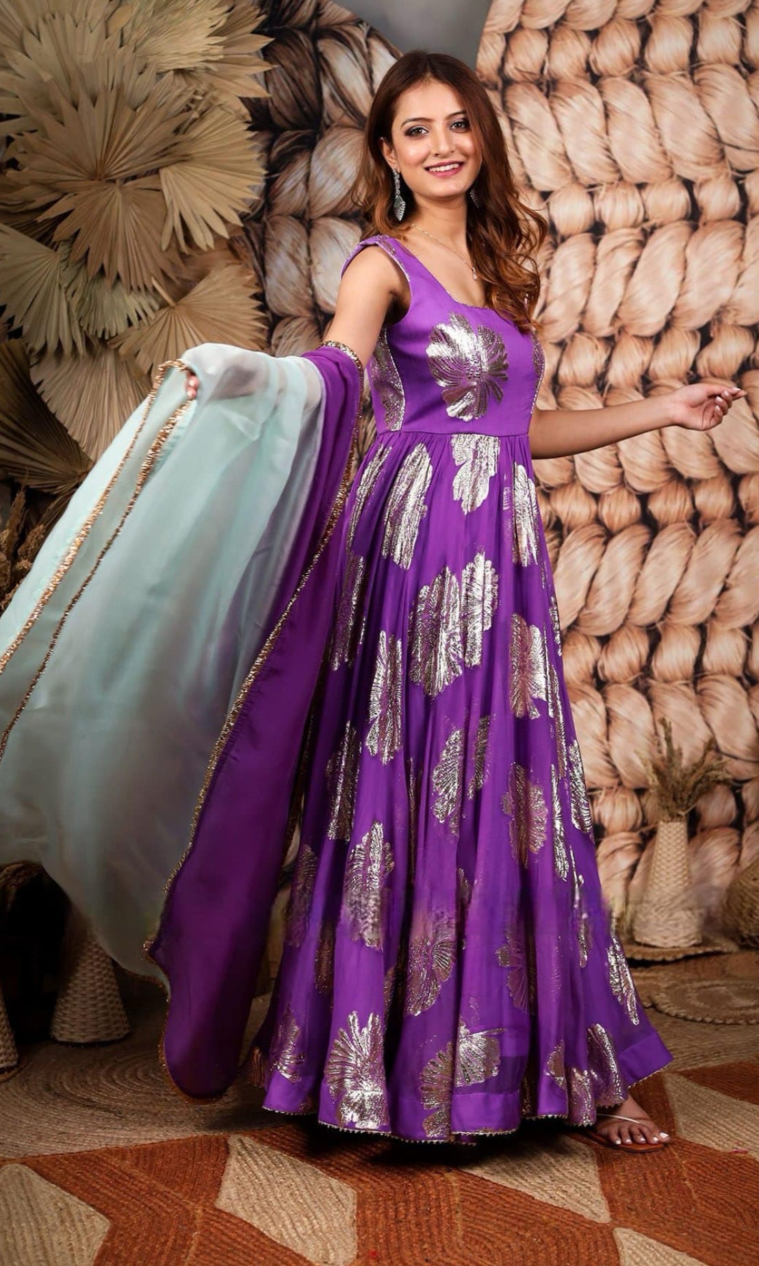 Lilac Stunning Anarkali Long Partywear Gown with Dupatta in Jacquard Georgette fabric latest design SLEEVELESS 56 inches long Perfect dress. 3 inch hands can be attached. Available in size XL 42 and 44(xxl)