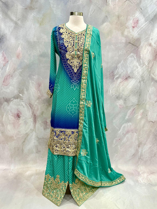 Pure Chinon dual shade light green and blue  Partywear  Palazzo Suit set sequence  Work  (Size 44) ready to ship USA, Wedding, Partywear outfit