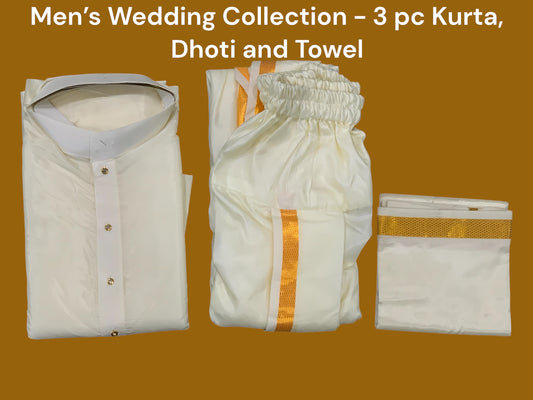 Mens wedding collection 3 pc Set silk kurta Dhoti and Towel combo sizes 40, 42,44 for gruha pravesh, wedding, traditional Partywear outfits