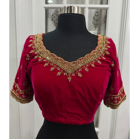 Beautiful Fuschia pink velvet blouse with Hand work/Maggam work. Available in size 36 to 40