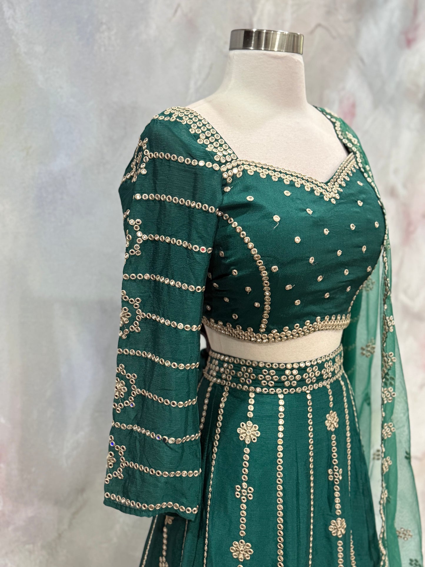 Elegant Green Silk Lehenga Choli – Mehendi & Wedding Partywear | Fully Stitched | Size 38 | Ready to Ship USA