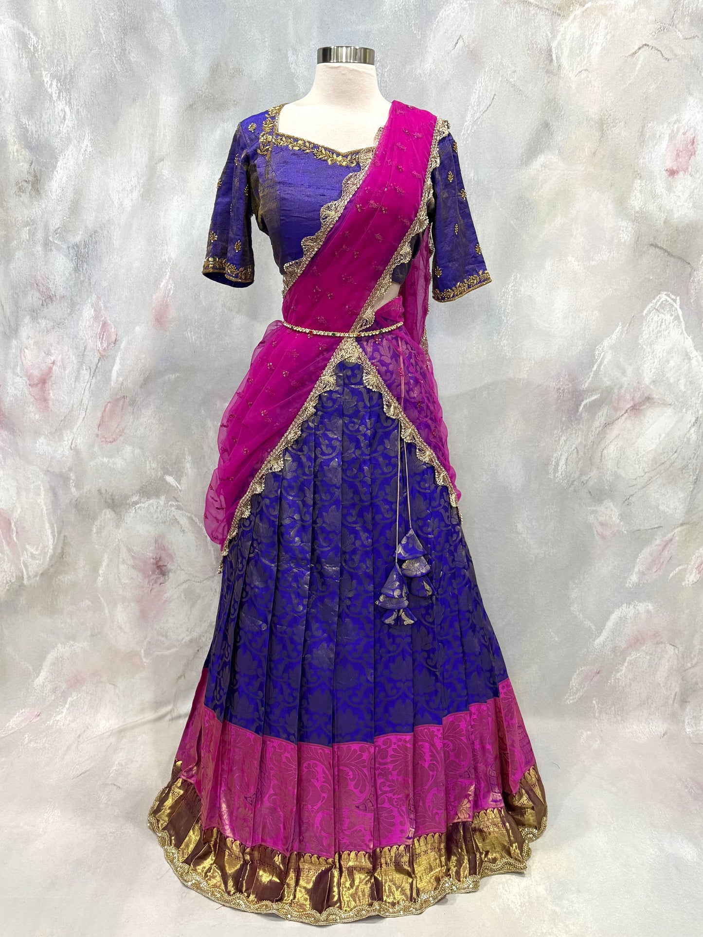 Elegant Kanchi Pattu Lehenga in a stunning royal blue & pink color combination, beautifully enhanced with intricate handcrafted Maggam embroidery. Perfect for weddings, receptions, festivals, and traditional celebrations. Size 38/40