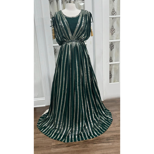 Elegant  Heavy wedding Indowestern  Partywear Gown in Dark green Georgette fabric with Sequin work - Size 40, Length 61 inches.