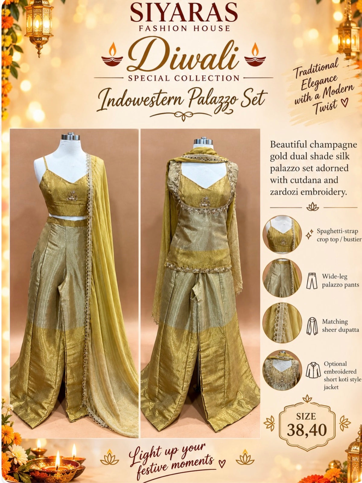 Golden hues, royal vibes & festive elegance! 💛👑
Shine brighter this Diwali in our gorgeous Champagne Gold Indowestern Palazzo Set adorned with intricate Cutdana & Zardozi embroidery. 🪔🌟
💫 Tradition meets modern glamour!
📏 Sizes 38 & 40