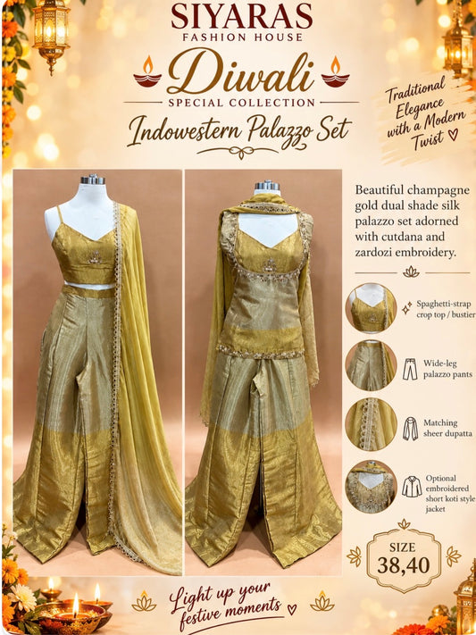Golden hues, royal vibes & festive elegance! 💛👑
Shine brighter this Diwali in our gorgeous Champagne Gold Indowestern Palazzo Set adorned with intricate Cutdana & Zardozi embroidery. 🪔🌟
💫 Tradition meets modern glamour!
📏 Sizes 38 & 40