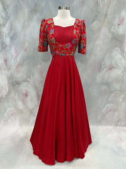 Customized crepe Partywear gown with Position print sequence work in yoke flowy gown size 42 length 55 in ready to ship USA