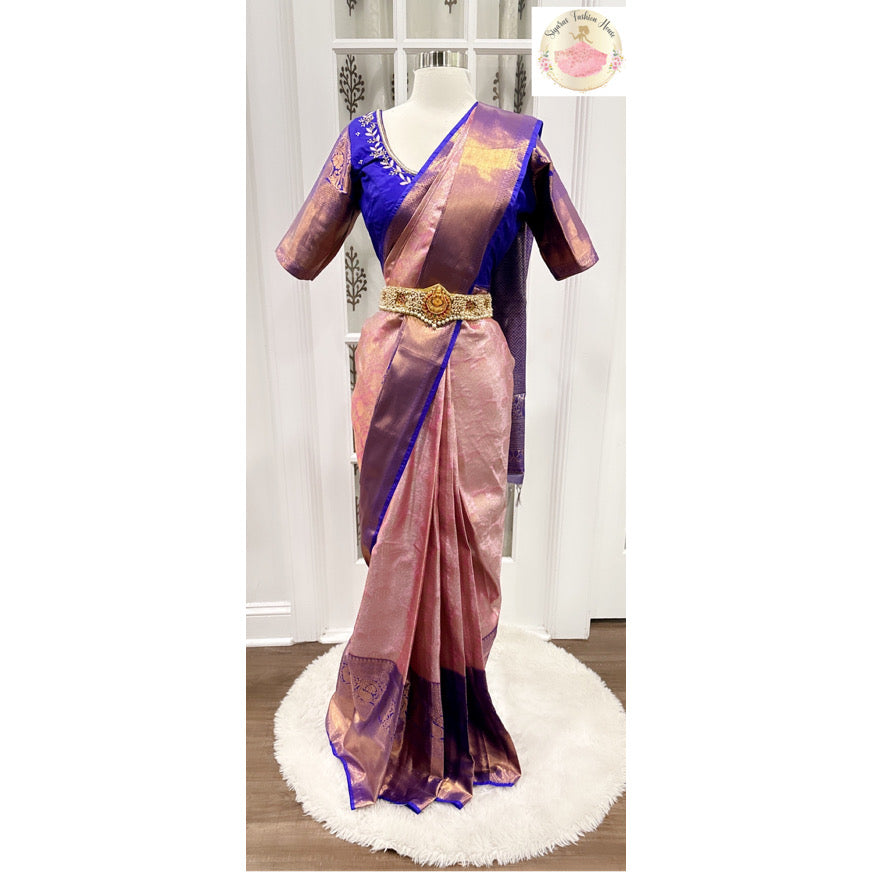 Traditional Kanchipuram pattu saree in pink and navy blue hues with work blouse stitched size 38-42.