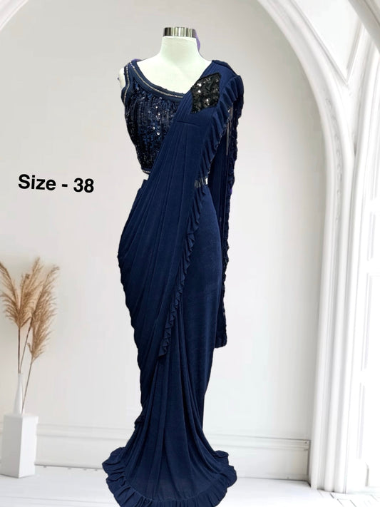 Beautiful blue color Ready2Wear One-Min Saree in Size 38 – Effortless Elegance in Just One Minute