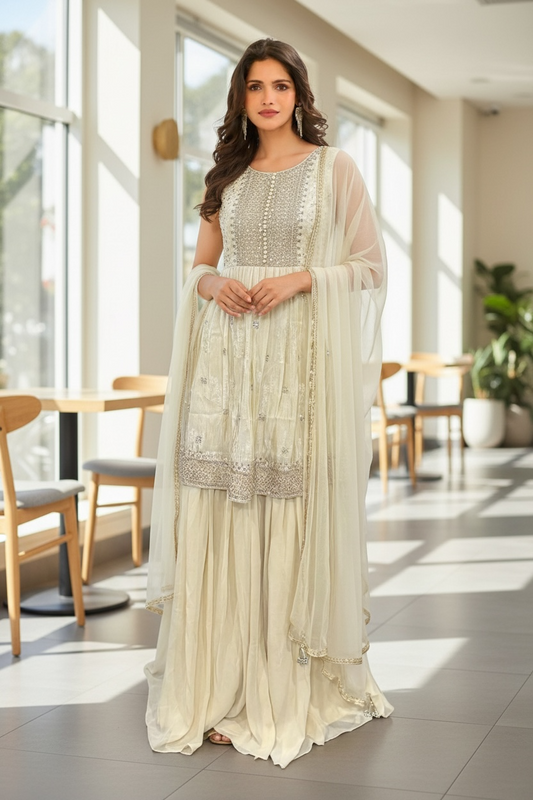 Elegant Off-white gold rich silk sharara set with delicate sequin detailing for that royal glow size 40