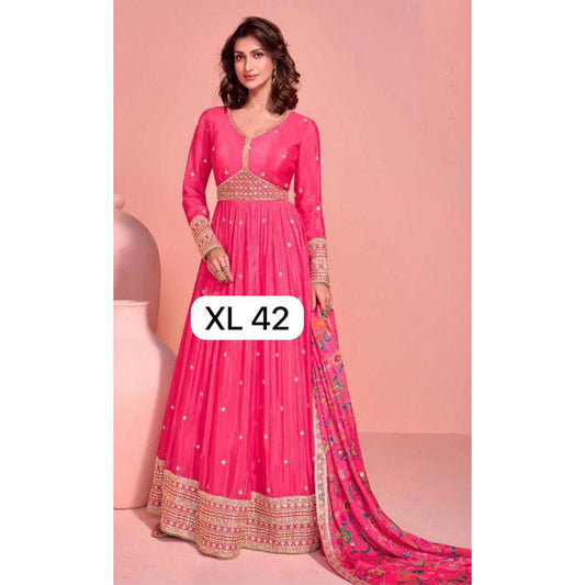 Gorgeous wedding Partywear Anarkali chinon Silk Gown with embroidery and kalamkari floral dupatta with border size XL 42 long gown