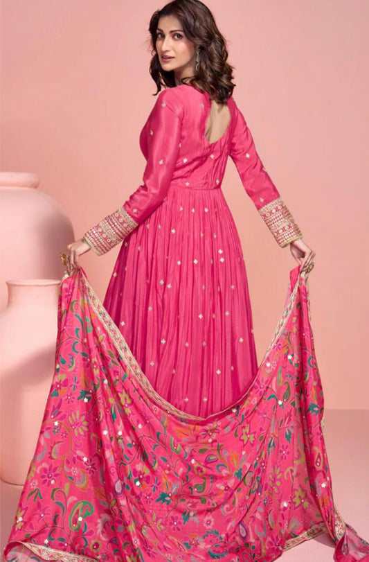 Gorgeous wedding Partywear Anarkali chinon Silk Gown with embroidery and kalamkari floral dupatta with border size XL 42 long gown