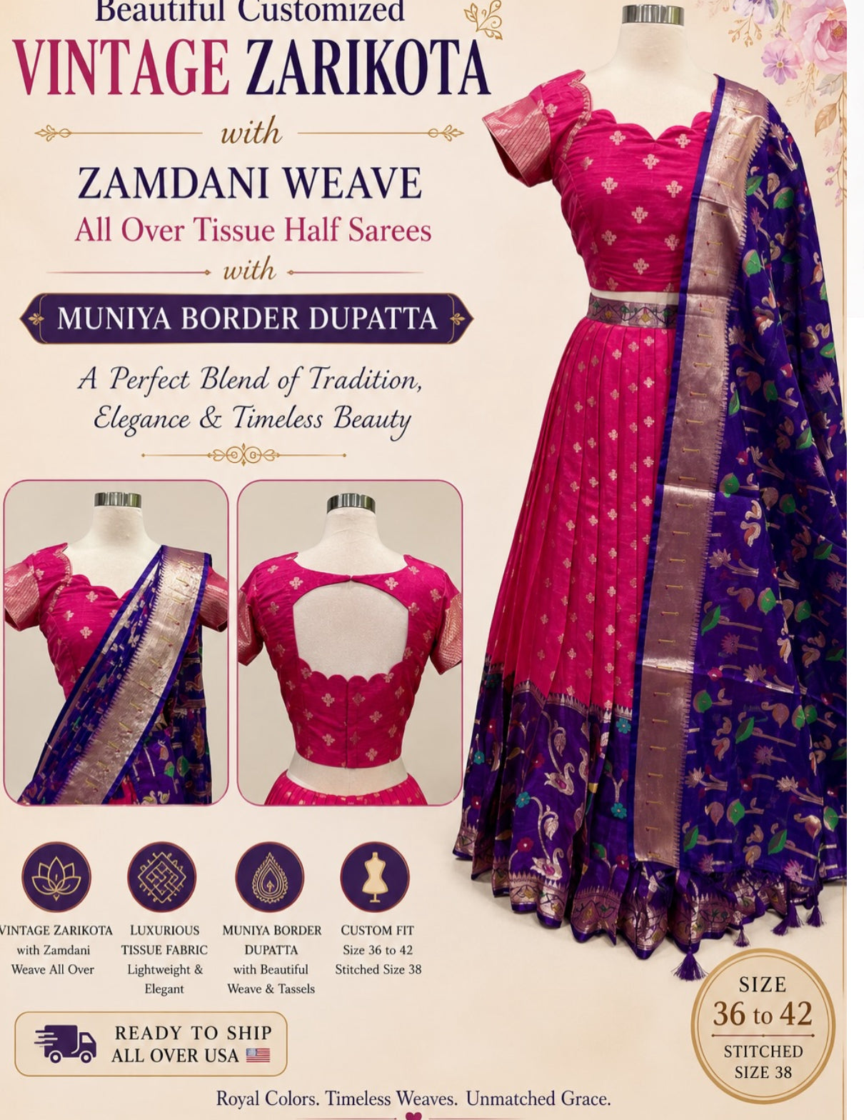 Introducing our latest Beautiful Customized Vintage Zarikota Half Saree 💗💚 
📏 Size: 36–42 🪡 Stitched Size: 38