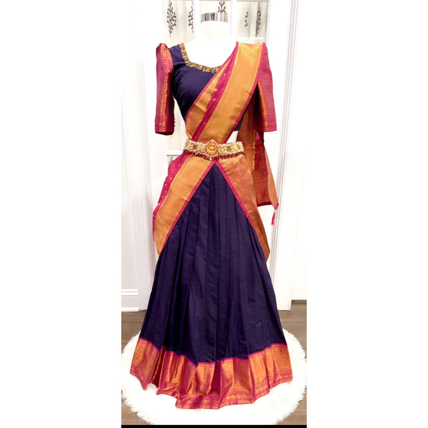 Pure and Soft Narayanpet cotton half saree with Maggam work blouse and elegant matching silk dupatta .