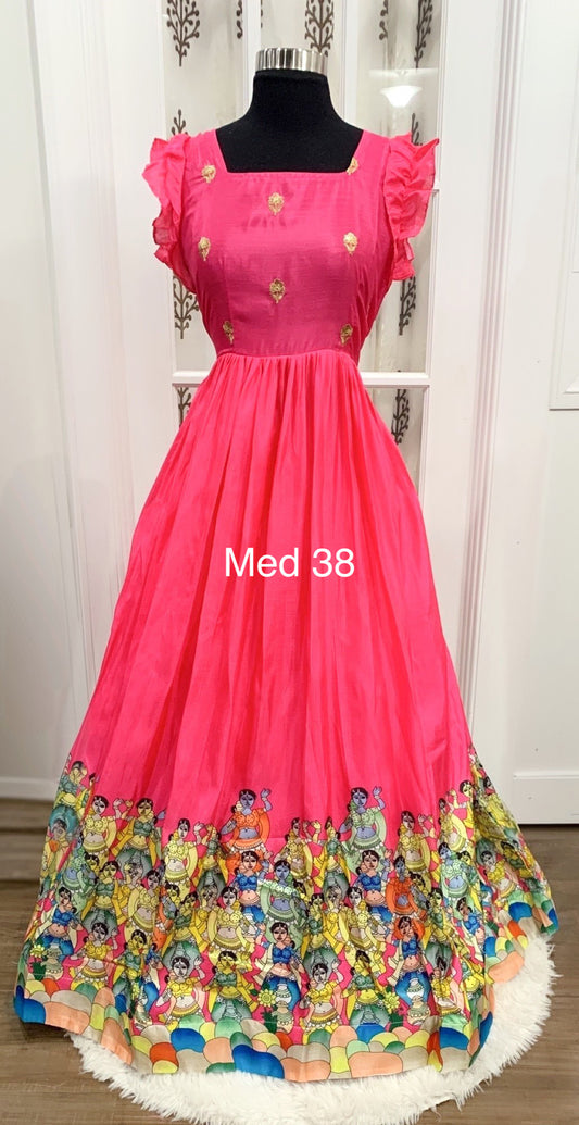 Peach pink Dola silk Kalamkari long gown Med 38 length 55