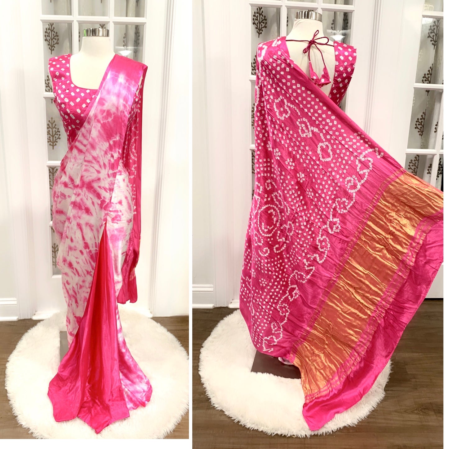 Gorgeous pink Hand made hand dyed Tissue Pallu Bandhini Saree  Modal Silk fabric with sleeves attached inside