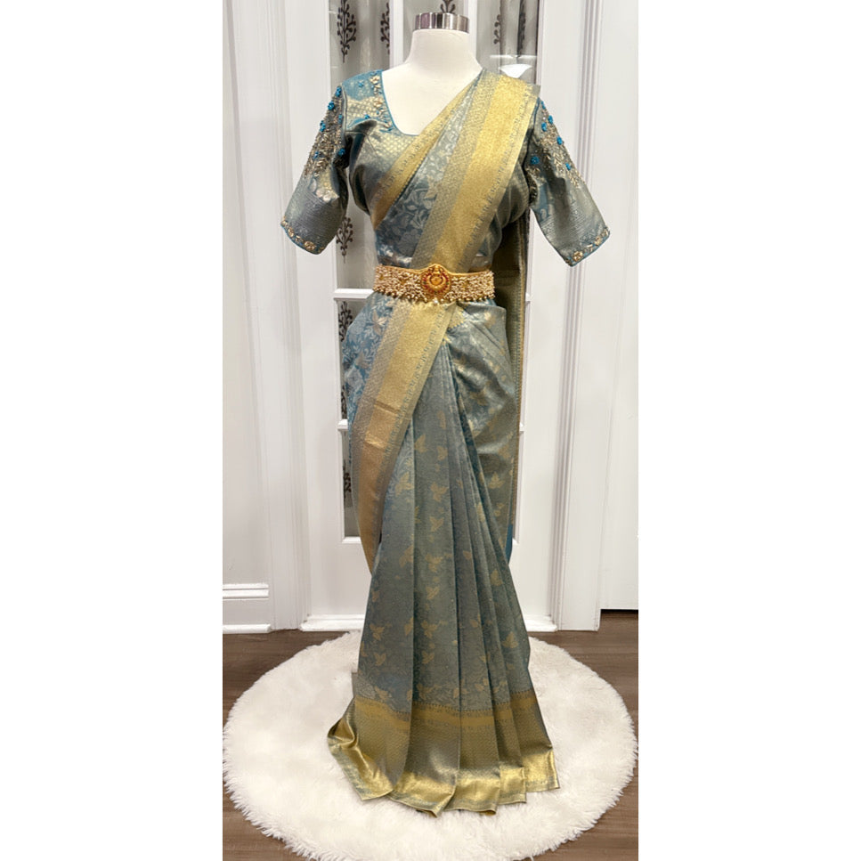 Banarasi Silk Saree with Floral Weave & Maggam Work Blouse - Size 42 to 45