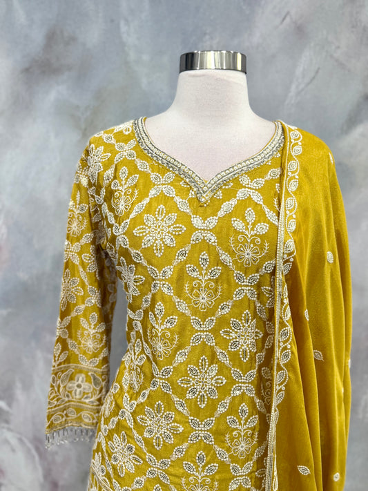 Beautiful yellow Haldi Sharara set with sequence work and bead embellishments size 44 wedding outfit chinon fabric