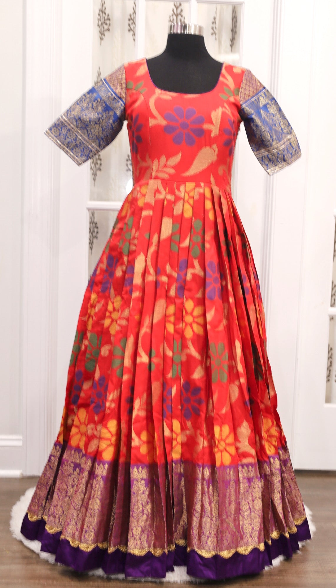 Traditional Banarasi Long gown in red color with floral pattern weave