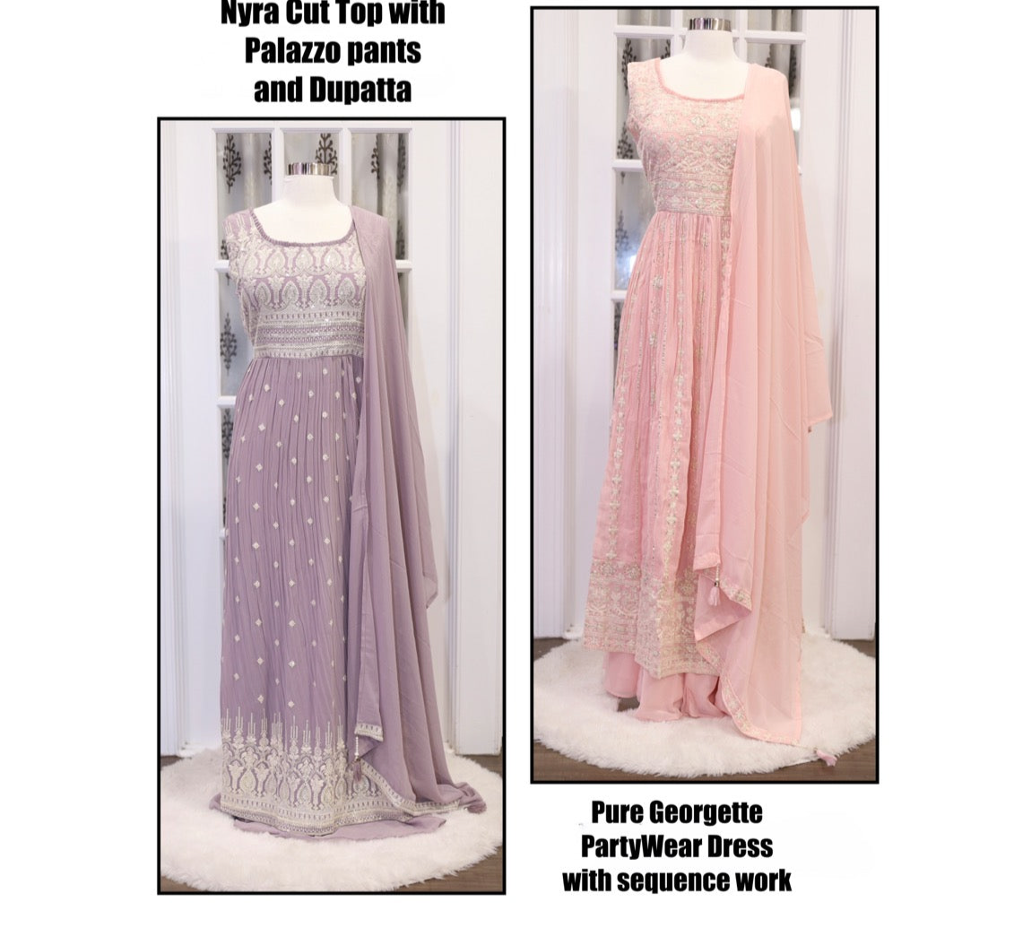 Elegant and comfortable Nyra cut outfit, complete with palazzo pants and a beautiful dupatta! 💃🌟 Sizes pink 42, and Lavender 44.