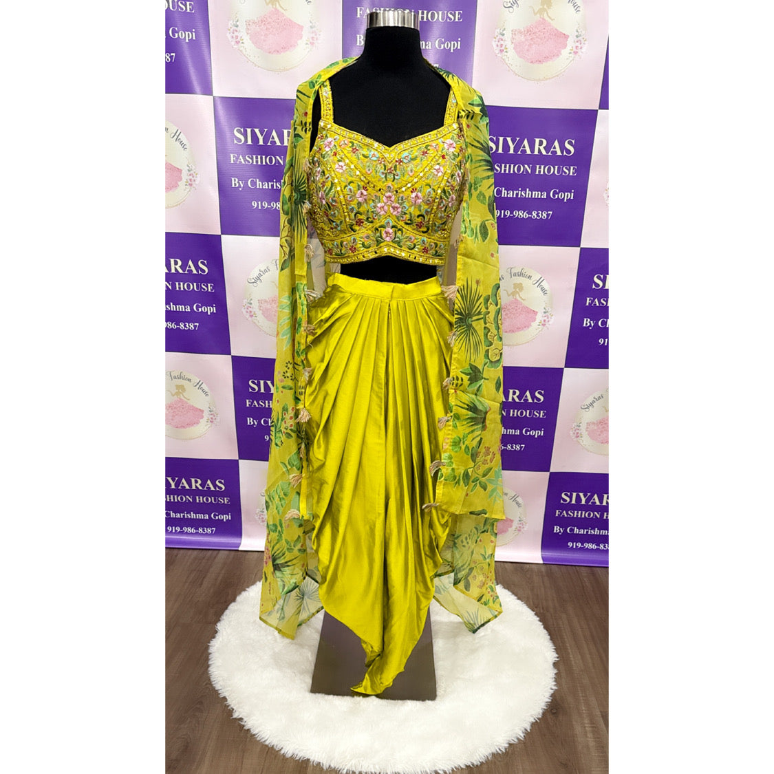 Indo Western dress Party wear Indian Yellow Dhoti Pant with Embroidered Crop Top and Floral Organza Shrug for Haldi and Wedding Events