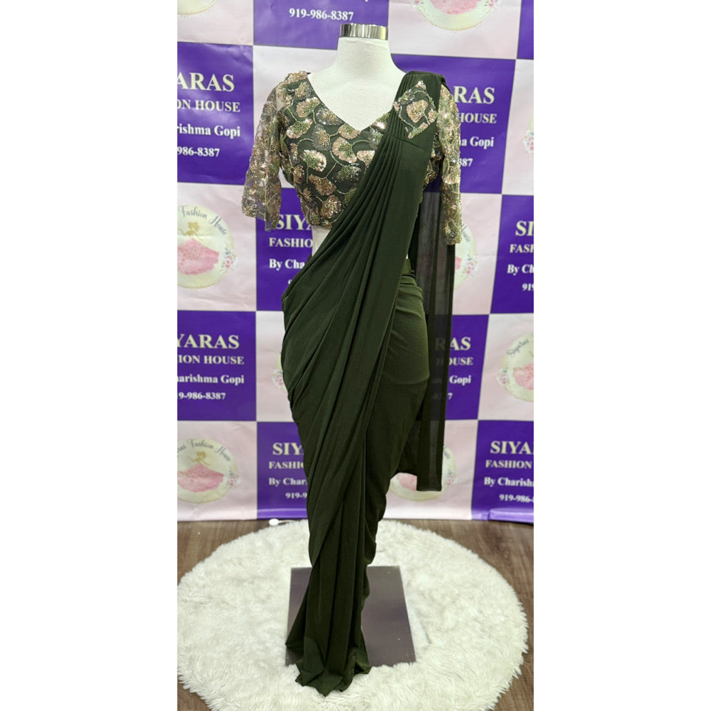Rock this chic Indowestern Mahendi green Ready2Wear Saree in 
size 38