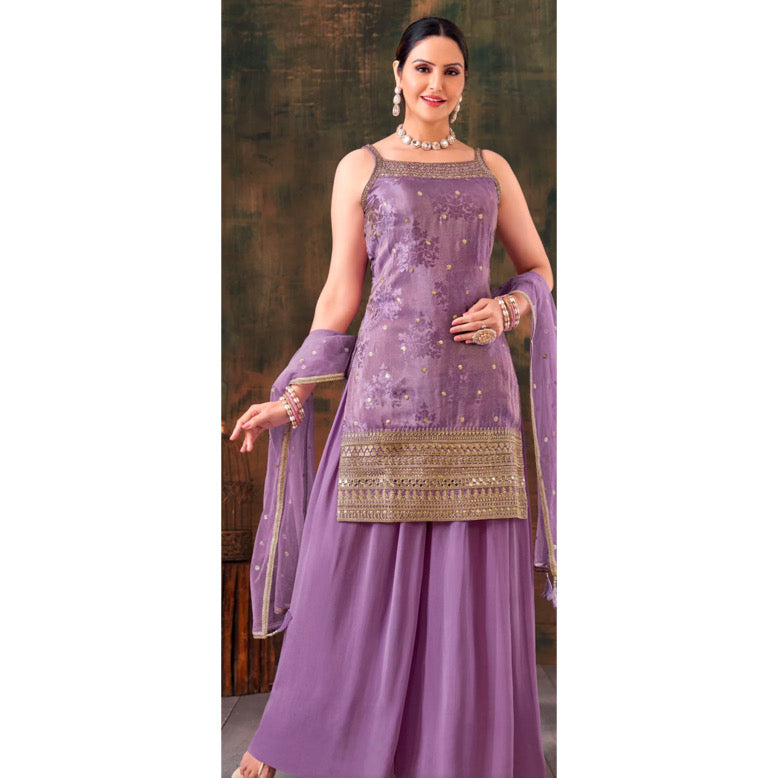 PURPLE BANARAS TISSUE SEQUINS, ZARI, MIRROR, STONE AND BEADS WORK PALAZZO SALWAR SUIT.Available in size 40