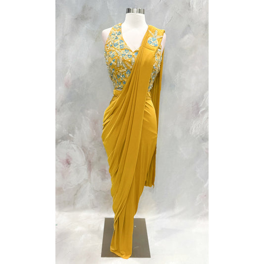 Mustard Yellow R wet to wear Saree with halter neck work blouse