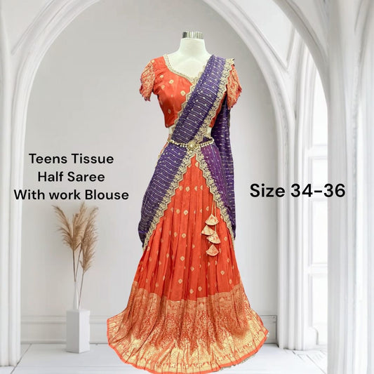 👑 Walk like royalty in our tissue half saree – soft shimmer, rich tradition! 🧵🌺 comes with stylish blouse and Maggam work both front and back size 34 to 36
#Half Saree