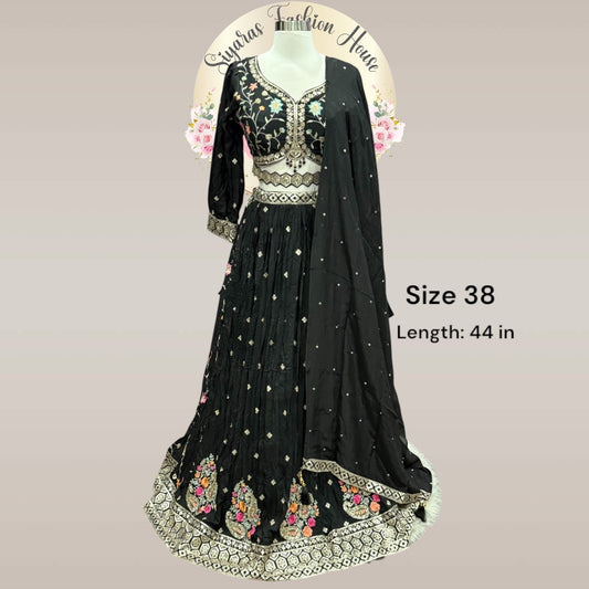 Gorgeous Black Lehanga Choli  with  multi color sequence embroidery size 38 in chinon fabric, Partywear Dress Ready to ship USA