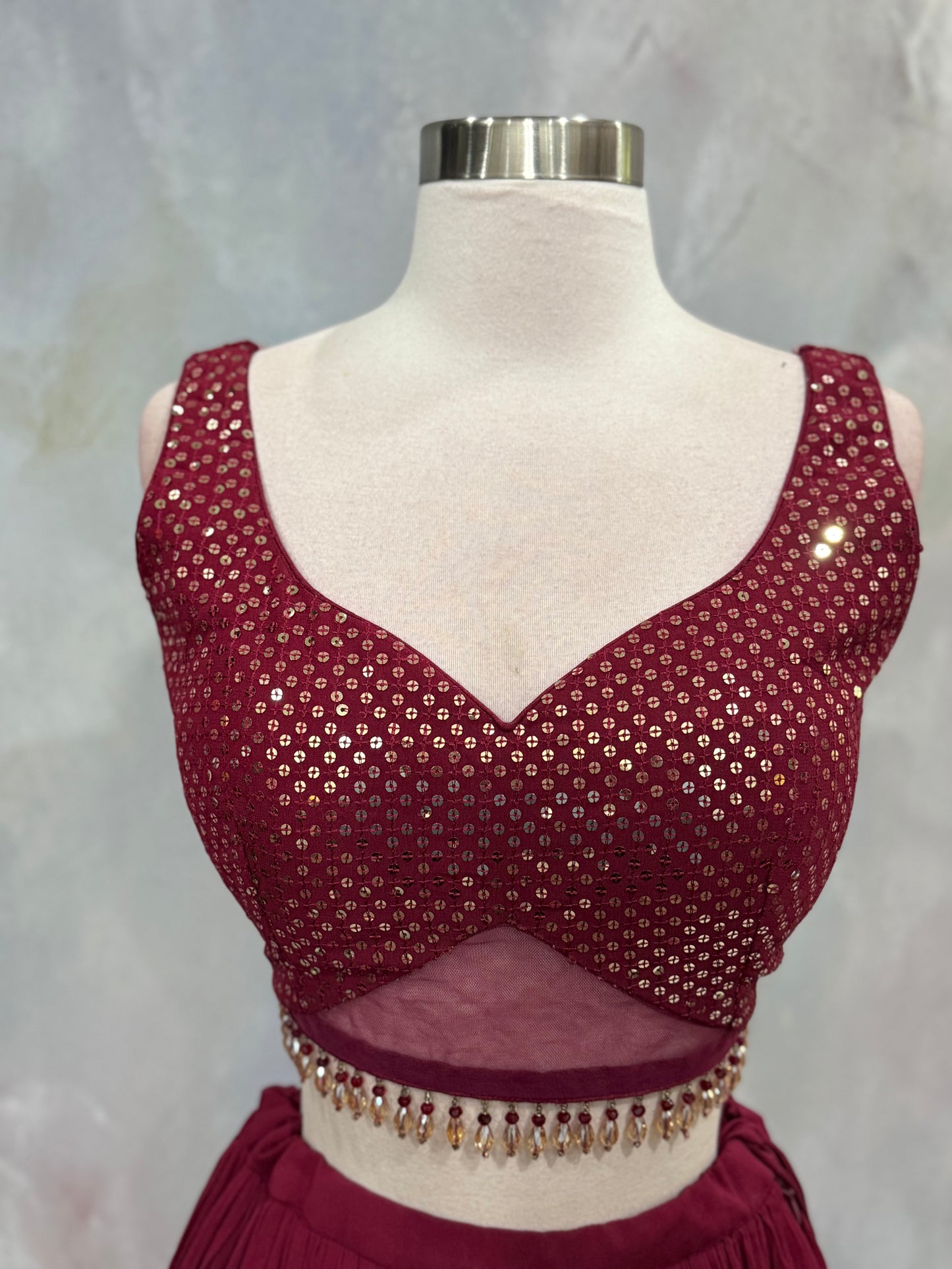 Wine-Hued Glamour Indowestern Croptop Georgette  Lehanga with Ruffle organza dupatta size 36/38 stylish blouse bead embellishments