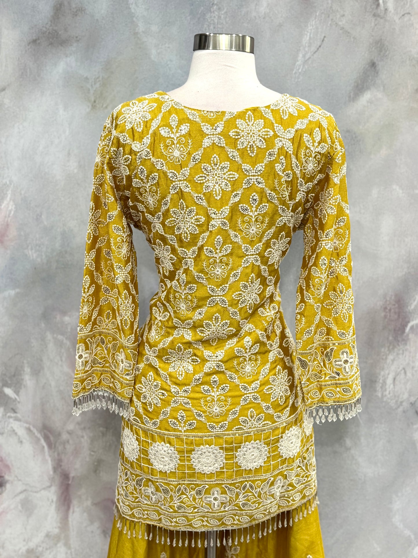 Beautiful yellow Haldi Sharara set with sequence work and bead embellishments size 44 wedding outfit chinon fabric