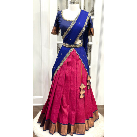 Traditional Kanchi Half saree for teens /adults with Maggam work blouse and waist belt in elegant combo of blue and fuschia pink size 36