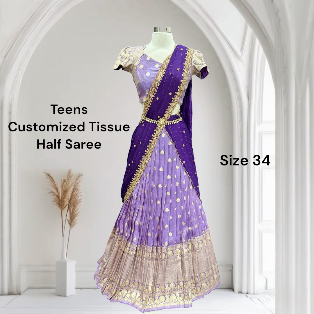 Gorgeous lavender Tissue Half Saree for teens size 34