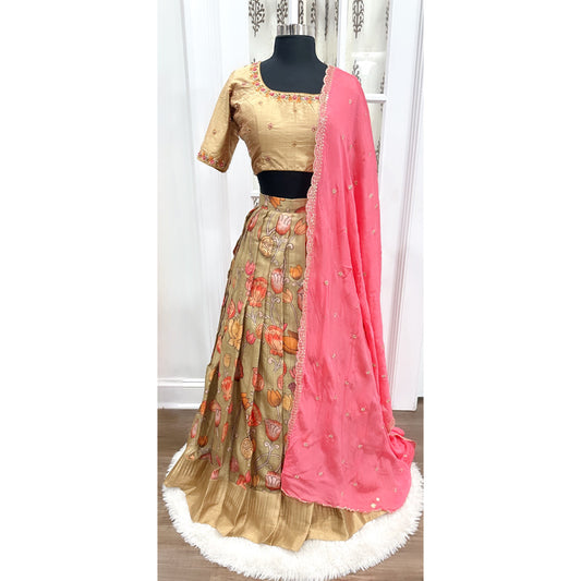 Elegant Pure Bagalpuri customized half saree with Raw silk Maggam work blouse size 38 to 42 for womens or teens ready to ship