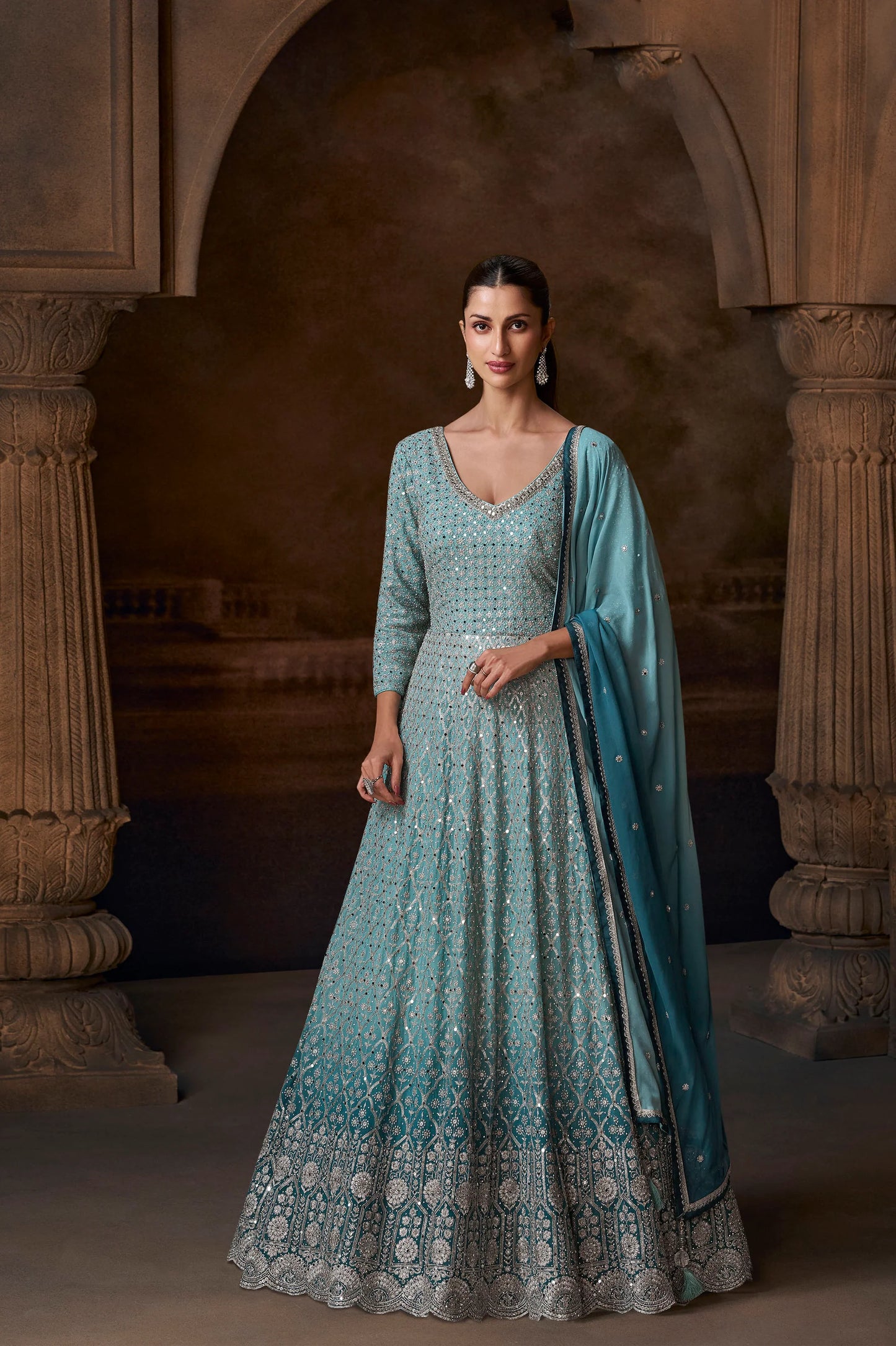 Beautiful Ombre Sea Blue Anarkali Gown | Partywear wedding| premium quality  Georgette, Zari Mirror Sequin Work, size : xxl 44 ready to ship in USA