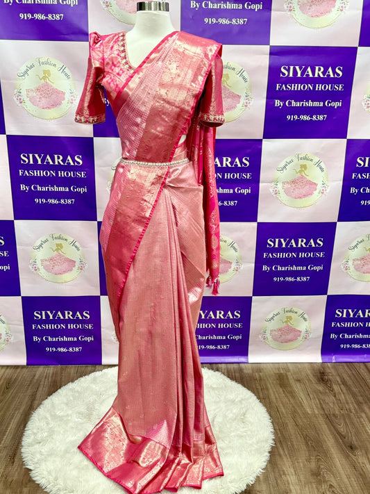 Traditional yet chic style in this kanchi tissue Saree with kanchi border and a stitched Maggam work blouse.
Size 38/40.

Pico and fall done with tassels.
Ready to ship quickly from Nc. 
Buy soon and price changes coming soon.