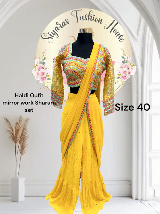 Chic and Trendy Haldi yellow Sharara set, adorned with stunning mirror work comes with attached dupatta size 40/42