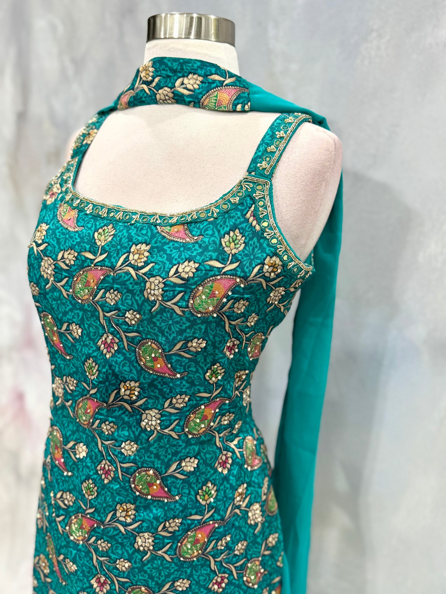 Beautiful Teal green Palazzo set Partywear dress silk top Georgette pant and dupatta ready to ship size 38   wedding guest outfit