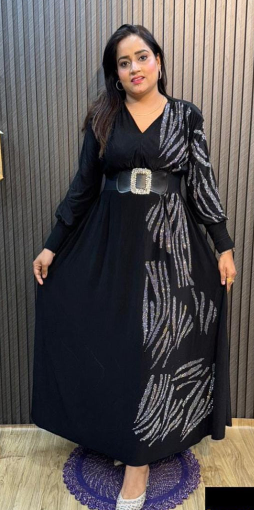 Beautiful Partywear Long Gown Dress in imported fabric with rhinestone work and detachable belt free size 50 to 58 length 56 size inclusive