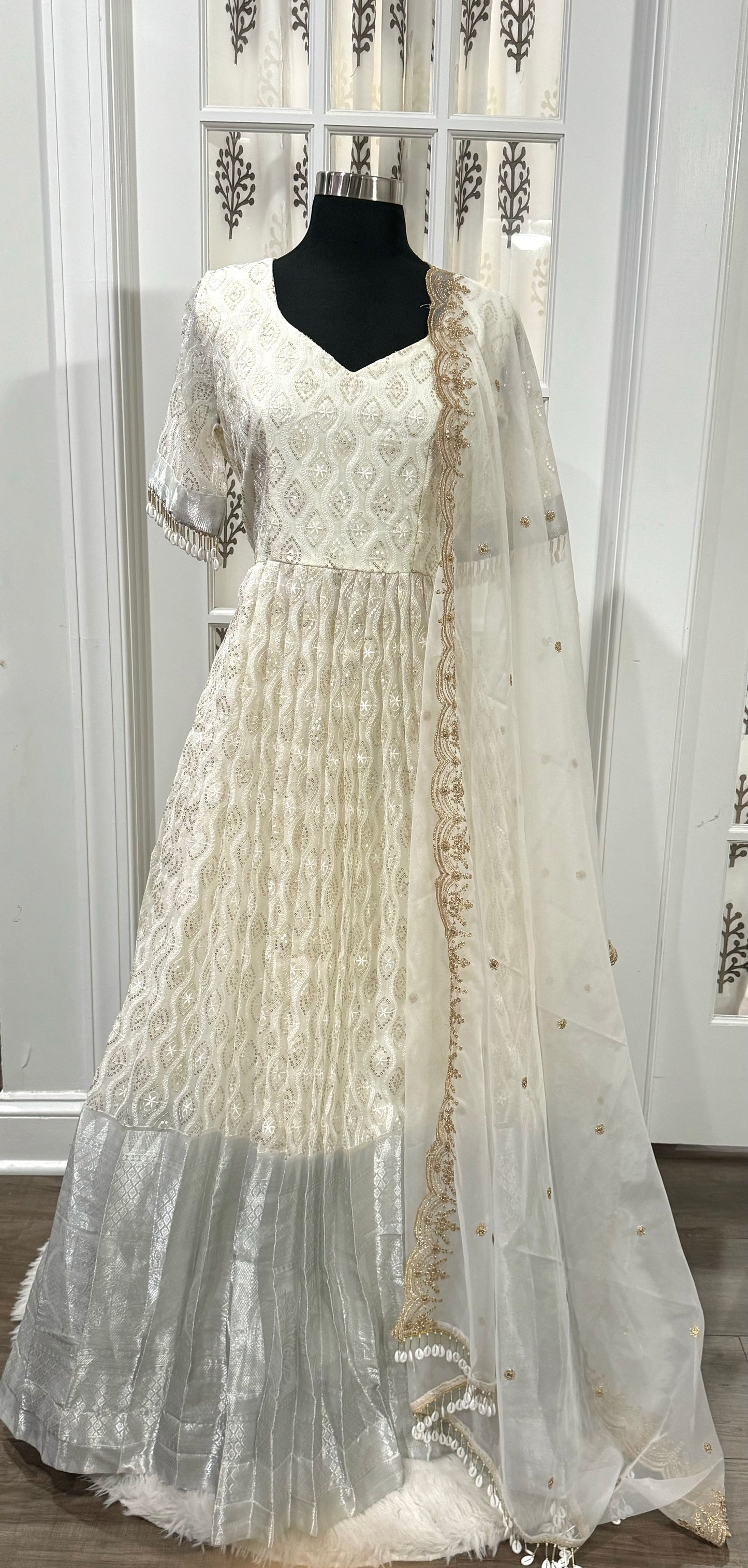 Beautiful Traditional Chikankari long gown with hanging embellishments available in size XL