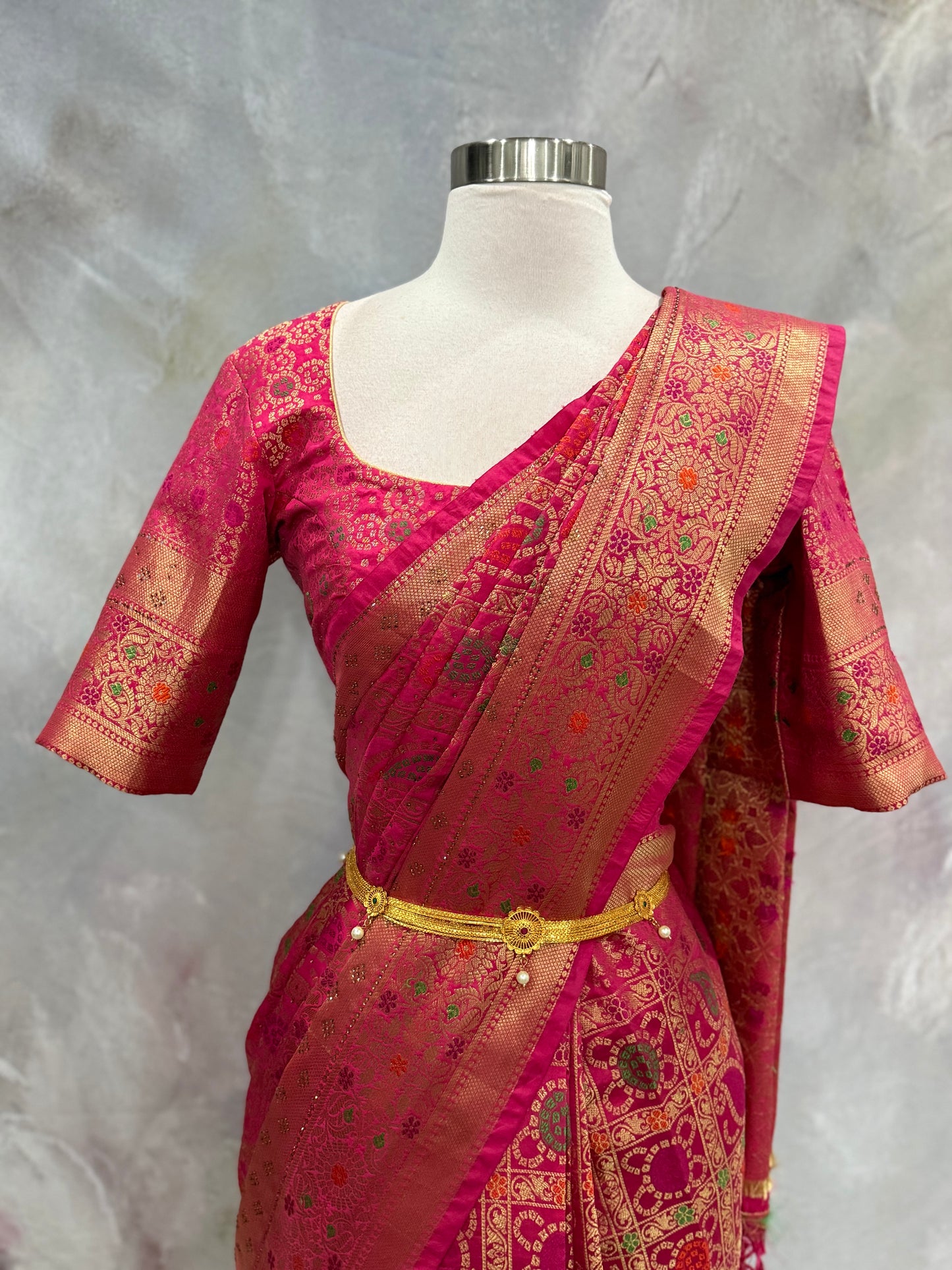 Pink Bandhini Saree with Swathi Work | Rich Zari Pallu | Stitched Blouse 36-40 | Wedding & Festive Wear | Ready to Ship USA