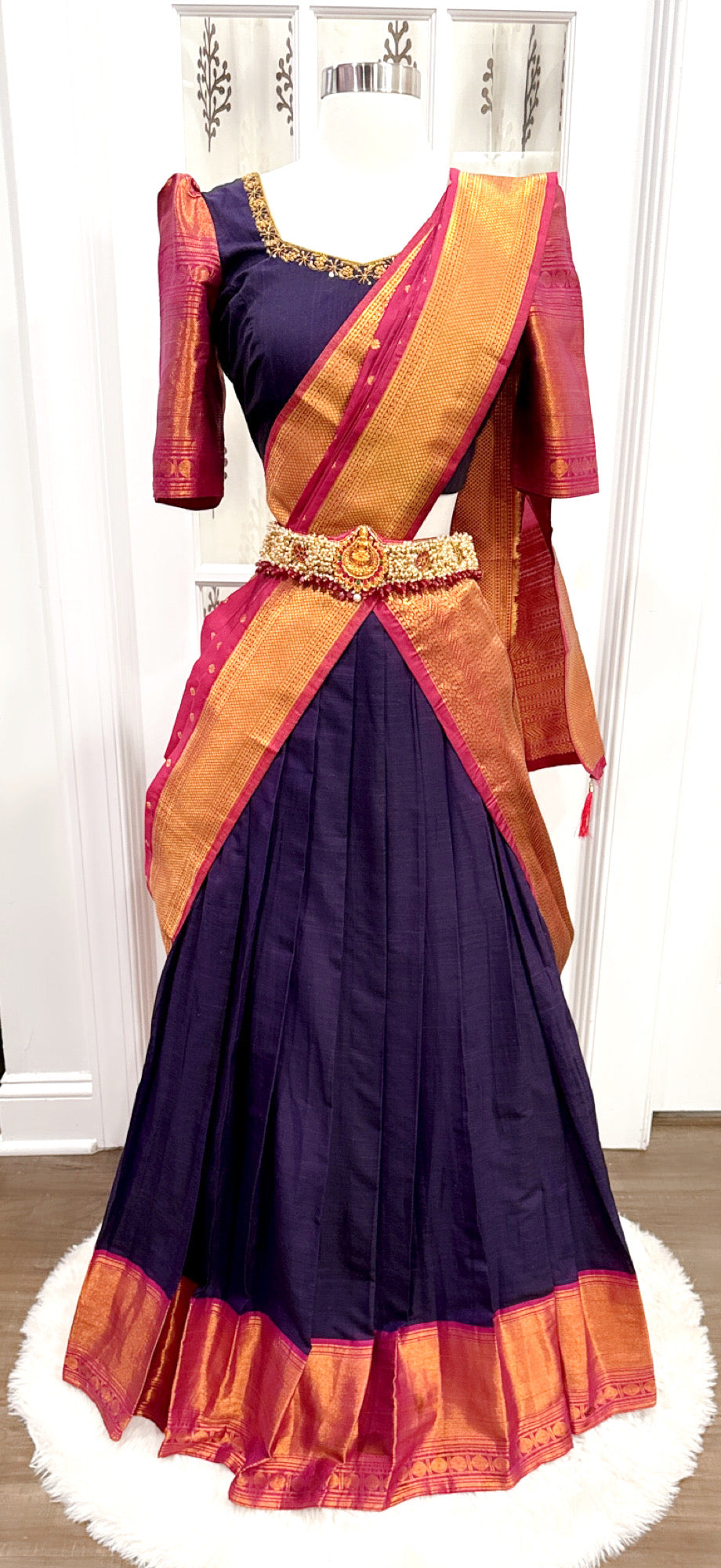 Pure and Soft Narayanpet cotton half saree with Maggam work blouse and elegant matching silk dupatta .