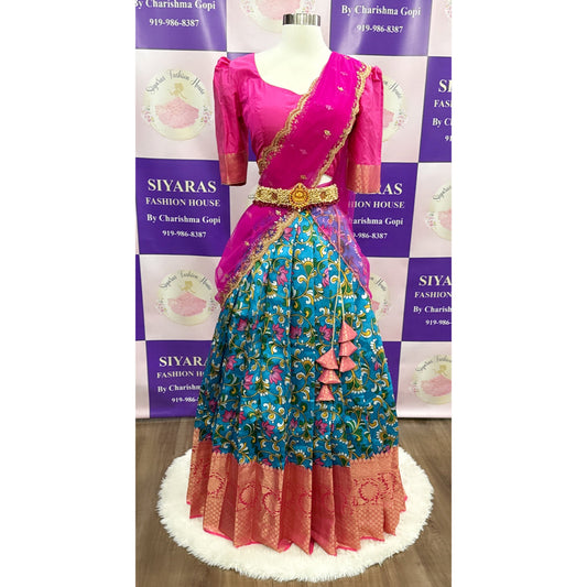 Beautiful kalamkari half saree with Pattu border. Pink and blue combo. Fits size 40 to 44