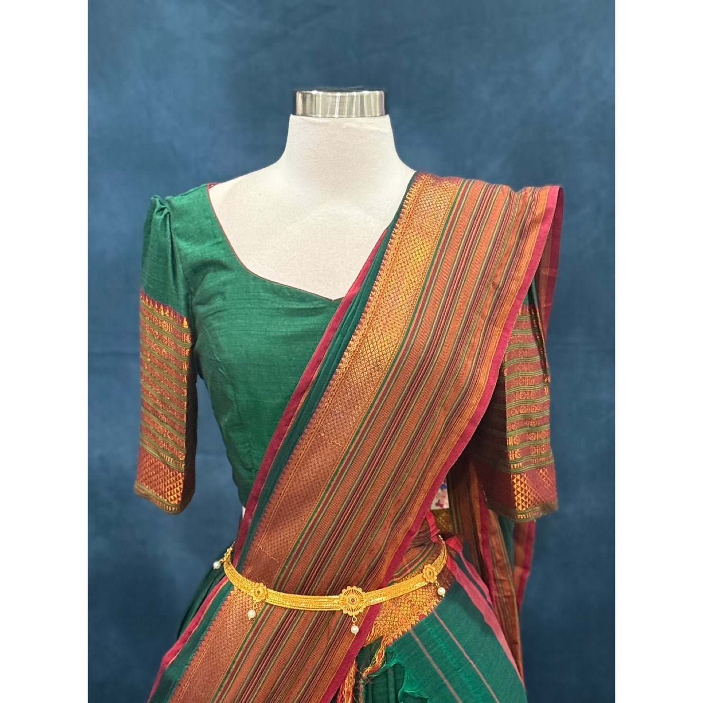 Traditional customized narayanpet cotton half saree , langa voni greed and red color combo size 38 to 42