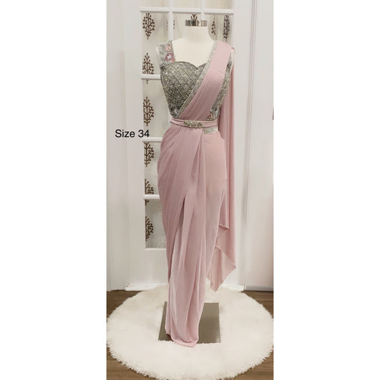 Beautiful ready2wear saree in pink and gray hues sleek waist belt for that smart look size 34-36