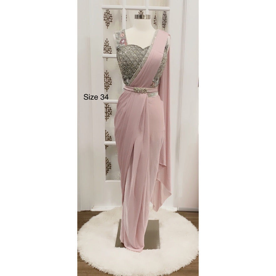 Beautiful One min saree in pink and gray hues sleek waist belt for that smart look size 34-36